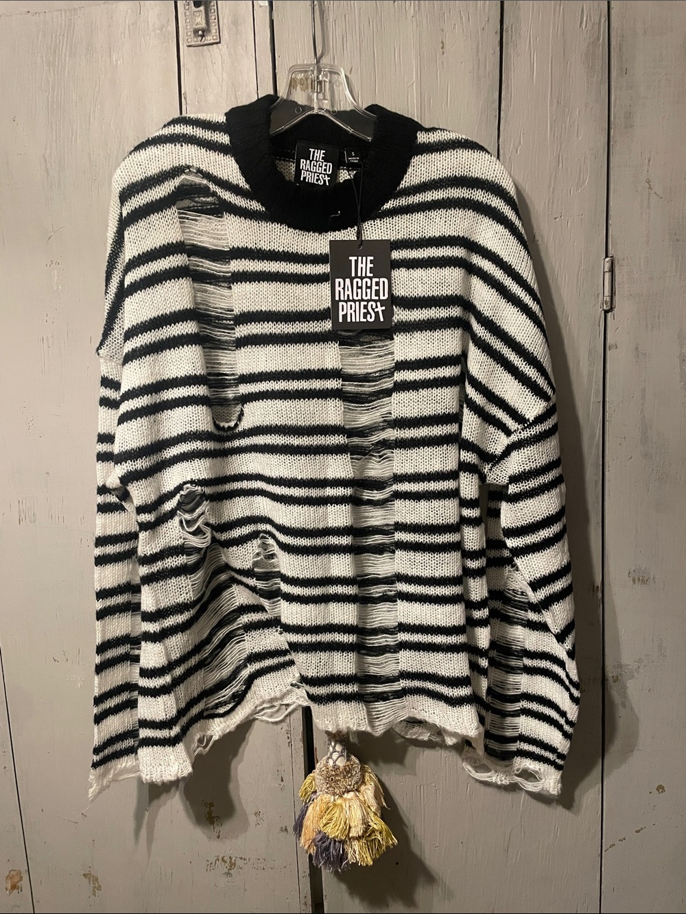 The Ragged Priest Black & White Striped Distressed Crewneck Sweater